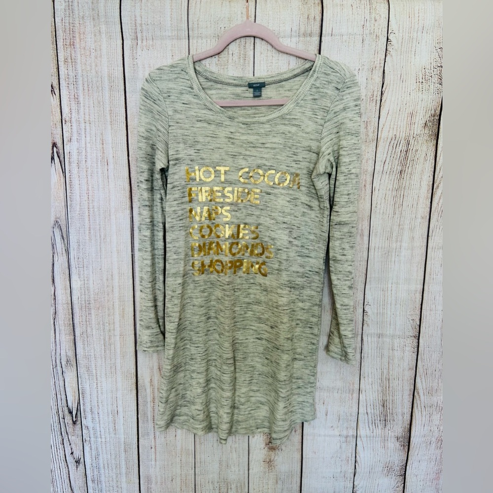 Aerie Women’s Grey Metallic Gold Print Crew Neck Long Sleeve Thermal Sleep Dress